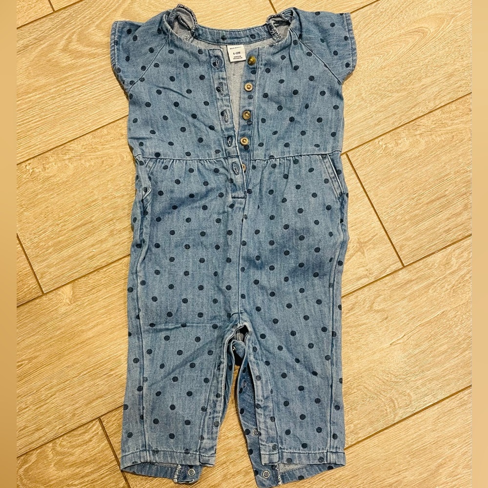 Denim polkadot, long pants romper with ruffle sleeve 6 to 12 months
